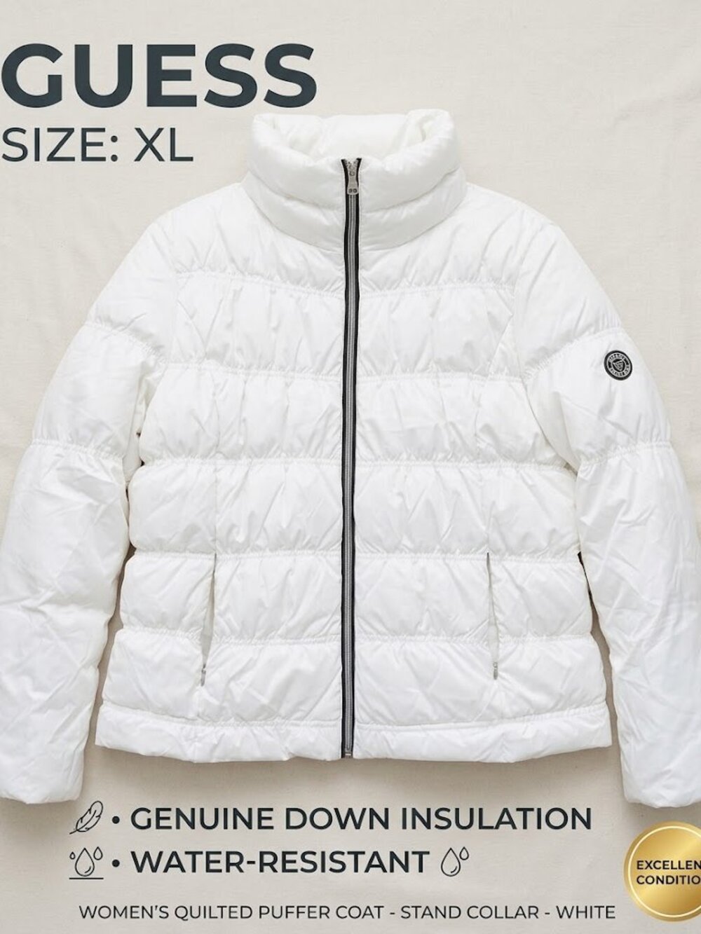 GUESS XL White Genuine Down Feather Puffer Coat High Neck Stand Collar Jacket